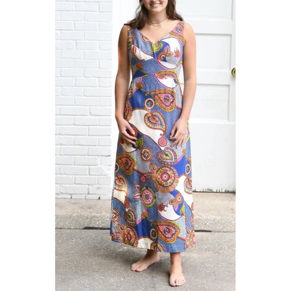 Vintage Dresses & Skirts - Vintage Sears Hawaiian Maxi Dress 60s 70s Paisley Retro Funky Hippie Cotton S